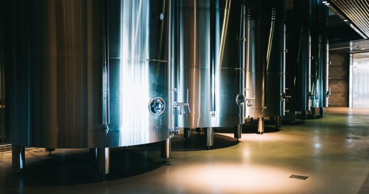 Modern winery with big steel barrels